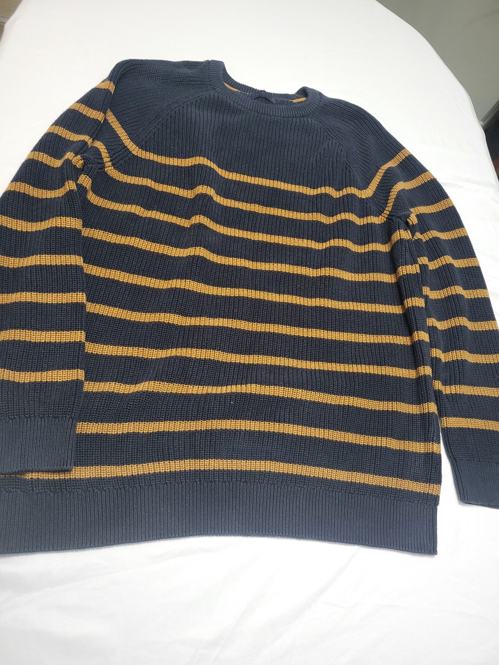 Denver Hayes Navy and Mustard Striped Crewneck Sweater